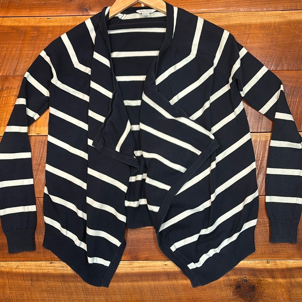 Nautica Navy and White Striped Wrap Sweater